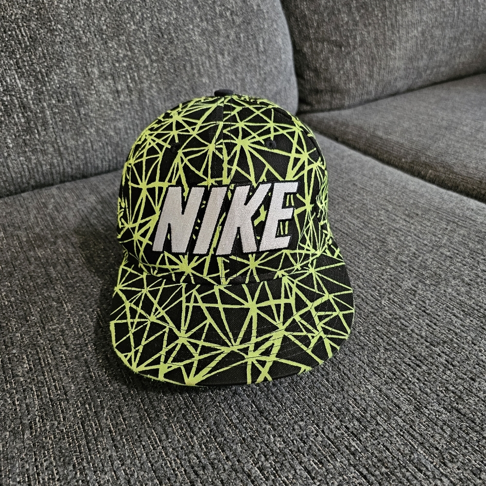 Nike True Snapback Hat Neon Green With Black Lines Pattern White Nike Logo